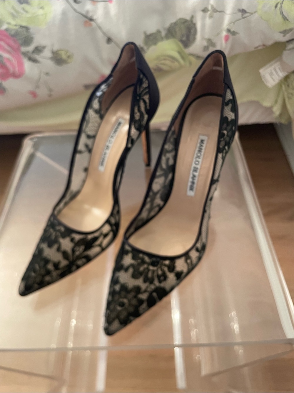 Manolo Blahnik Black Lace Pointed Pumps with Nude Lining